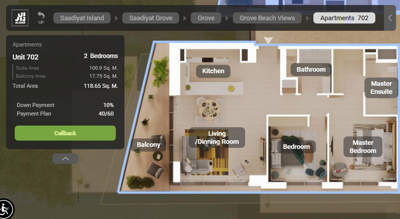 2 bedroom apartment virtual tour at Grove Beach Views Saadiyat Grove Abu Dhabi with premium finishes and open spaces.