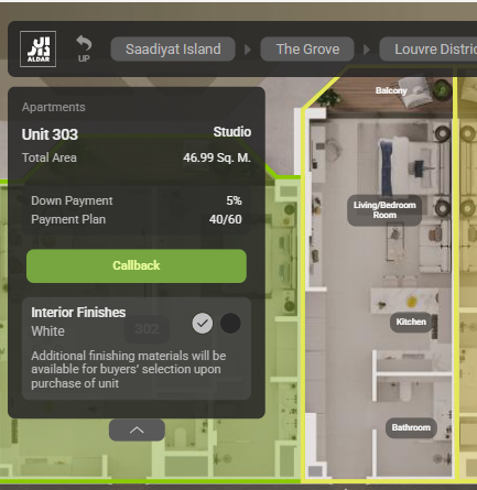 Louvre Abu Dhabi Residences studio virtual tour Saadiyat Island showcasing modern interiors and luxury living.