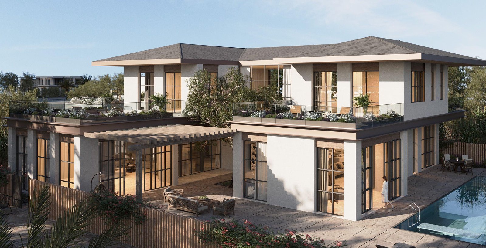 Facade of a 5 bedroom villa at Al Naseem Villas: modern contemporary architecture, clean lines, and choice of façade style.