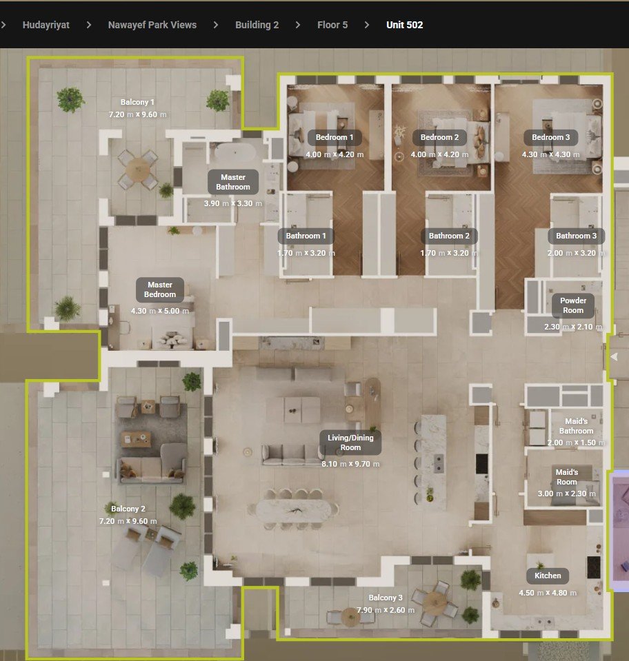 4 bedroom virtual - Luxury 4-bedroom apartment at Nawayef Park Views, Hudayriyat — large living space, multiple bedrooms, balcony/terrace with sweeping park and water views, high-end fixtures.